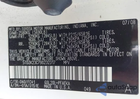 2009 Toyota Sienna Le z USA, uszkodzony, nr VIN 5TDZK23C79S232317